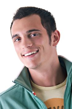 Portrait of a young man smiling, over white background.