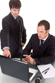 Two young businessmen, discussing a project. Isolated on white background.