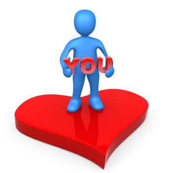 3d person standing on a big red heart holding the word "you".