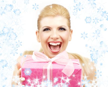 lucky blond with big pink gift box and snowflakes