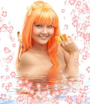 picture of lovely orange hair girl with butterflies and flowers in water