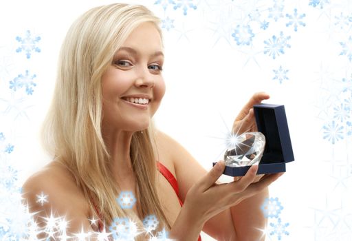 picture of lovely blond with big shining diamond and snowflakes