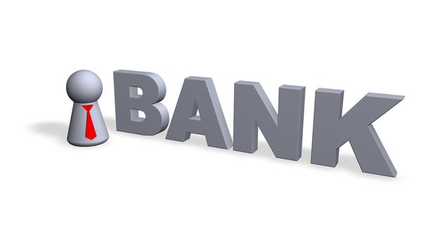 the word bank and play figure with red tie - 3d illustration