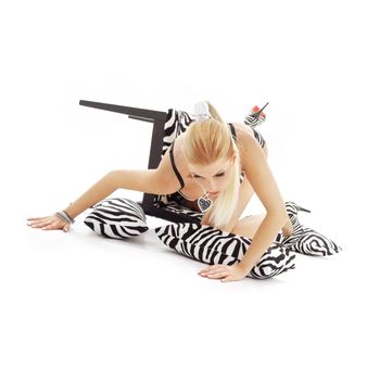 crawling blond in zebra lingerie over white