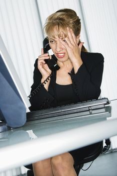 Caucasian businesswoman with hand to head and frustrated expression at computer desk on telephone.