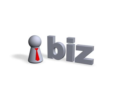 biz text in 3d and play figure with red tie