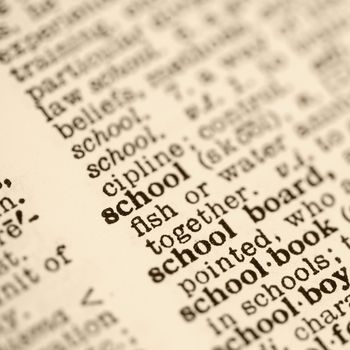 Selective focus of dictionary entry for the word school.