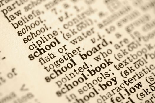 Selective focus of dictionary definition for the word school.