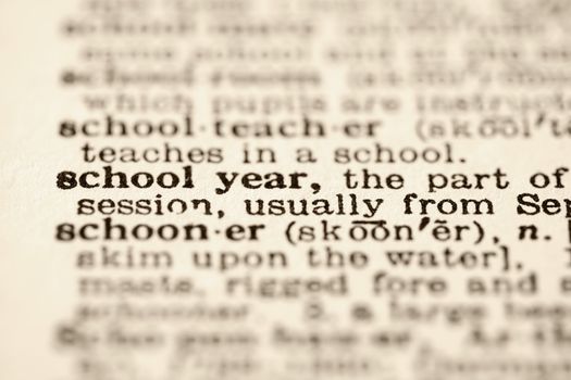 Selective focus of dictionary definition for school year.