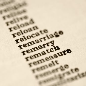 List of words in alphabetical order including words relocate and remarriage.