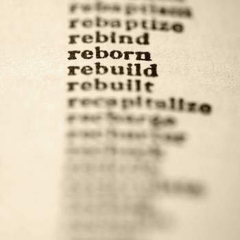 List of words in alphabetical order including words reborn and rebuild.