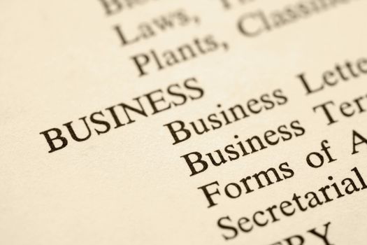 Page with the word business and categories of business forms.