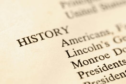 Selective focus of page with the word history and corresponding categories.