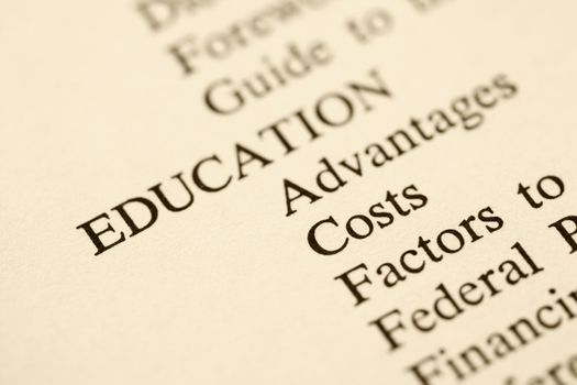 Selective focus of table of contents page relating to education.