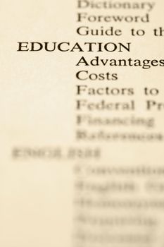 Selective focus of table of contents page relating to education.