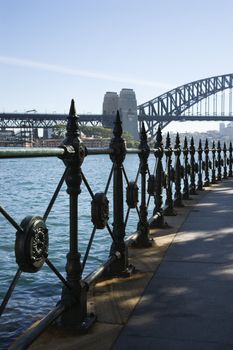View from walkway of Sydney Harbour Bridge and water in Sydney, Australia.