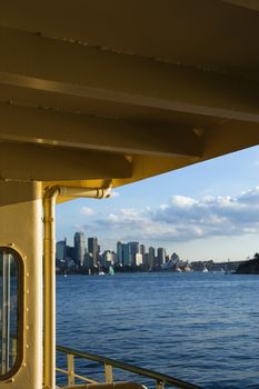View from ferryboat of harbour and skyline of Sydney, Australia.