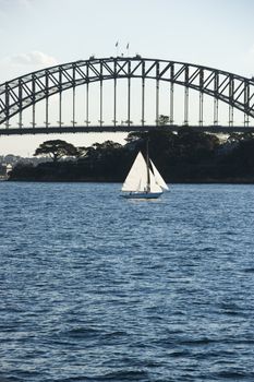 Sydney Harbour Bridge and sailboat in Sydney, Australia.