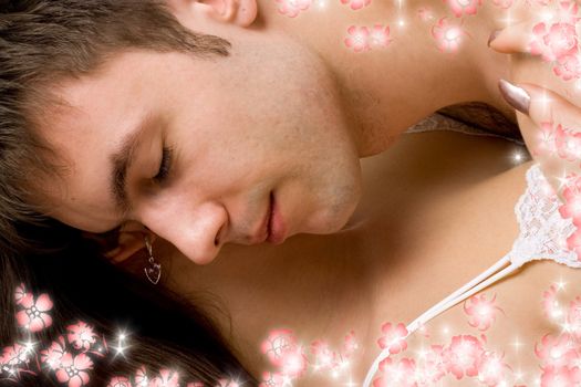 picture of sweet sleeping couple with flowers