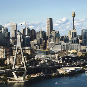 Aerial view of Anzac Bridge and buildings in Sydney, Australia.