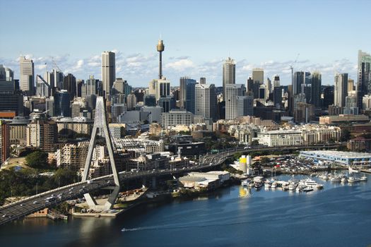 Aerial view of Anzac Bridge and downtown buildings in Sydney, Australia.