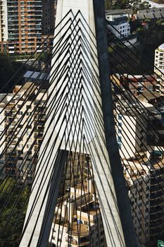 Aerial view of detail of Anzac Bridge and buildings in Sydney, Australia.