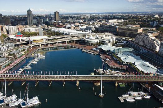 Aerial view of Pyrmont Bridge and boats in Darling Harbour, Sydney, Australia.