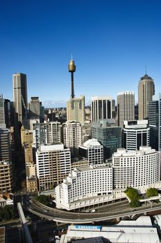 Aerial view of buildings in downtown Sydney, Australia.