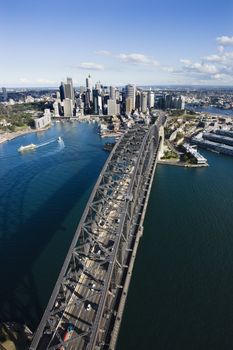 Aerial view of Sydney Harbour Bridge and skyline in Sydney, Australia.