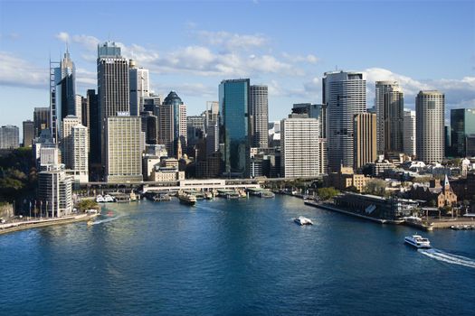 Aerial view of skyscrapers and Sydney Cove in Sydney, Australia.