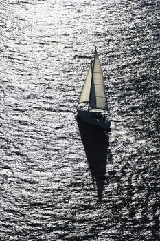 Aerial view of backlit sailboat in Sydney, Australia.
