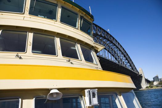 Detail of ferryboat in Sydney Harbour beside Sydney Harboiur Bridge, Australia.