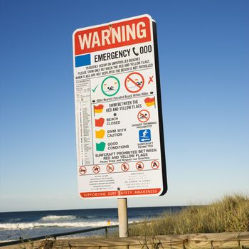 Warning for unpatrolled beach sign on Surfers Paradise, Australia.