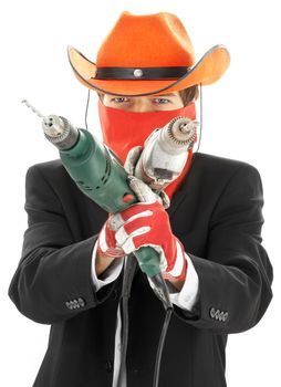 man in corporate suit and cowboy hat with electric drills