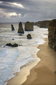 Twelve Apostles rock formation on coastline as seen from the Great Ocean Road, Australia.