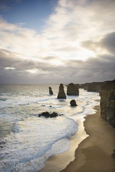 Twelve Apostles rock formation on coastline as seen from the Great Ocean Road, Australia.