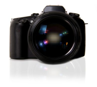 DSLR Camera on White Background With Mirror Shadow