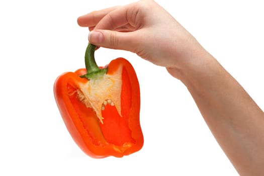 Cut bulgarian pepper on palm insulated on white background
