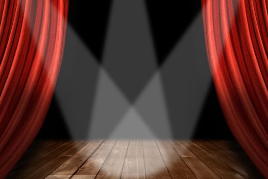 Theater Stage Background With 3 Spotlights Centered on Wooden Floor