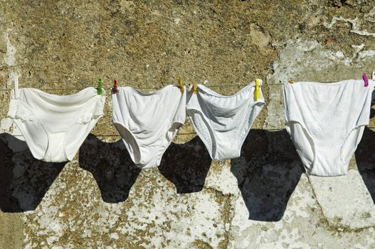 Knickers drying hanged in a cloth line 