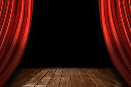 Swooping Theater Stage Drapes With Wooden Floor and Black Background