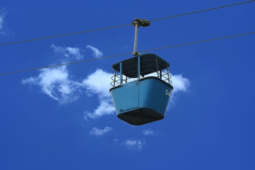 A Gondola lift car against blue sky
