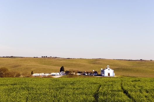 Beautiful church and cemetery alone in Alentejo plain