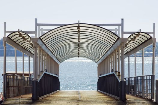 Empty ferry boat wharf in the Tagus river, Lisbon, Portugal