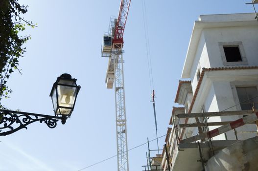 City scene showing a building restoration site