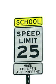 School and 25 mph sign on white