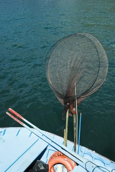 Detail of traditional fishing tackle in a small fishing boat, Azores, Portugal
