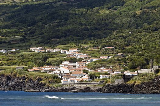 View from the sea of the small village of Ribeira do Meio in Pico island Azores, Portugal
