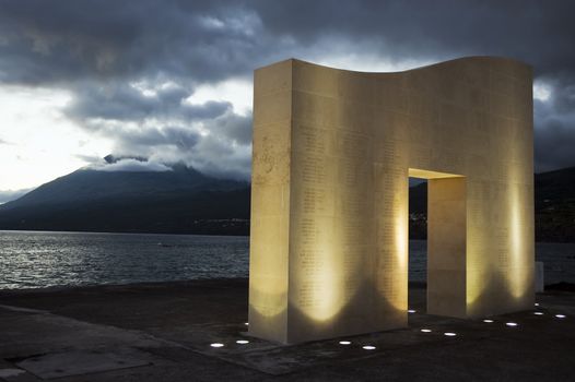 Monument to whalers by portuguese artist Pedro Cabrita Reis in Lages do Pico, Pico island, Azores, Portugal
