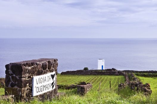 Whale watch tower hanging over the cliff, Pico island, Azores
